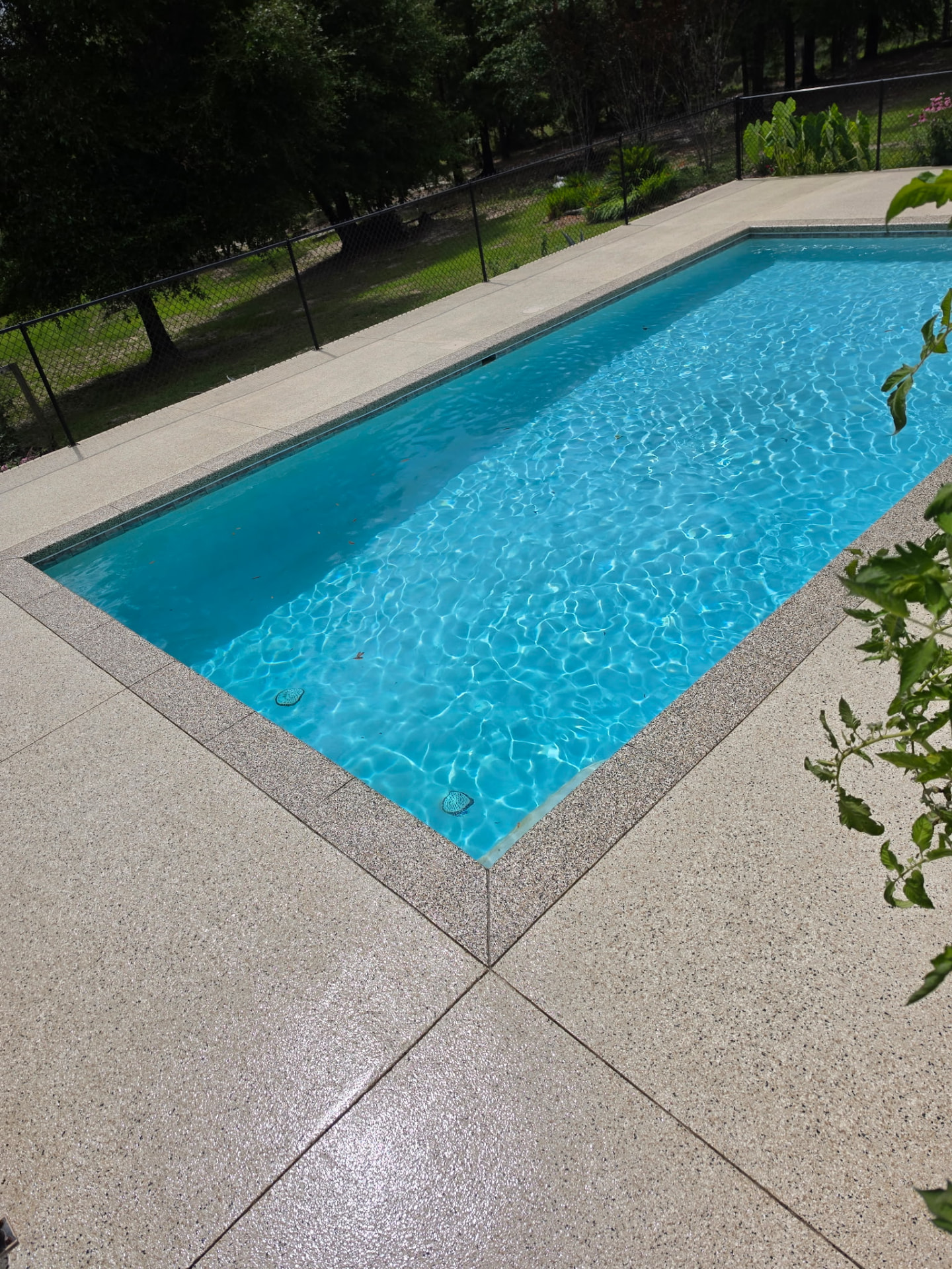 Coated pool deck from above with coping detail
