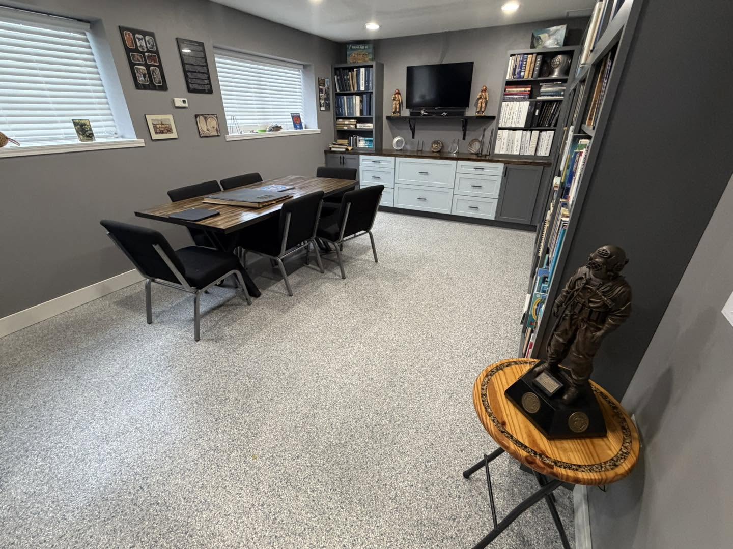 Wide view of finished flake coating in a commercial office and library